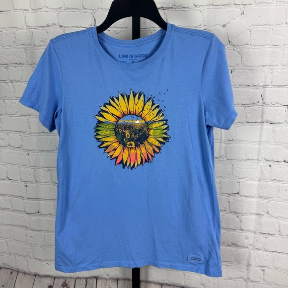 Life is Good Blue Sunflower Print Short Sleeve T-Shirt Size Small - Picture 1 of 5